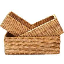 Rattan Storage Baskets, Wicker Baskets for Organizing, Hand Woven Decorative Box for Kitchen Counter, Living Room, Bathroom, Set of 3 (Rectangular)