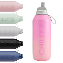 Chilly's Series 2 Flip Water Bottle with Sports Lid - Vacuum Insulated Stainless Steel Water Bottle with Straw, Carry Loop, & Cleaning Brush