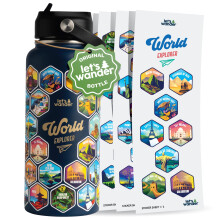 LET'S WANDER World Explorer Adventure Water Bottle with 50 Waterproof Stickers - 32oz Leakproof Insulated Stainless Steel with Straw