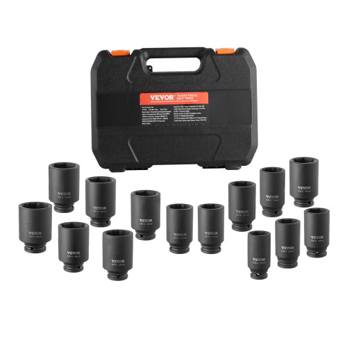 VEVOR VEVOR Axle Nut Impact Socket Set, 1/2" Drive Deep 6+12-Point 14-Piece Metric Spindle Nut Socket Set