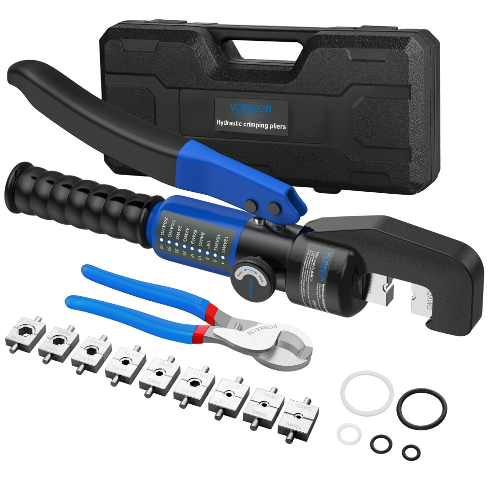 Vorxeon 8 Ton Hydraulic Crimping Tool Set With 9 Dies 4-70Mmâ²Ï¼12Awg-2/0Awgï¼ 10In Cable Cutter, For Professional Use 5051227832689