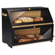 Large Bamboo Bread Bin 2 Tier Breadbox Kitchen 19.7"x9.8"x14.5" Black