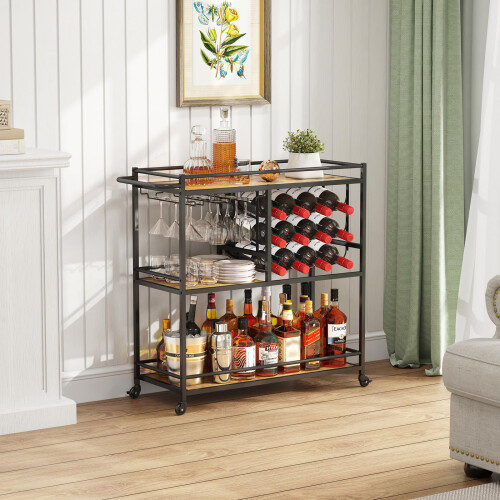 Lifewit 3 Tier Drinks Trolley with Lockable Wheels,Rustic Brown 2