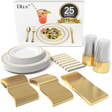DLux 175 Pieces Gold Plastic Dinnerware Set for 25 Guests, (25 Forks, Knives, Spoons, Cups, Straws, Salad & Dinner Plates) for Wedding and Party