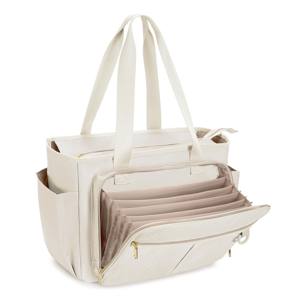 Prokva Teacher Tote Bag With Accordion File Organiser Pocket, Beige 5051227850294
