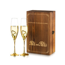 NUPTIO Crystal Champagne Flutes Wedding: Set of 2 Gold Champagne Glasses with Wooden Gift Box Prosecco Glass Pair for Couples Bride & Groom