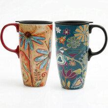 Topadorn 17oz Ceramic Travel Mug 2 Pack Set with Lid and Gift Box, Floral