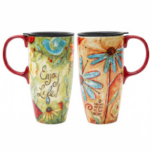 Topadorn Ceramic Travel Mug 17oz 2 Pack Set with Lid & Gift Box, Enjoy Life