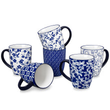 vancasso Selene 16 oz Coffee Mugs Set of 6, 480 ml Vintage Blue & White Large Porcelain Cups, Ceramic Mug for Tea Latte Hot Chocolate