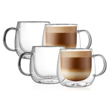 CNGLASS 480ml/16oz Double Walled Glass Coffee Mugs Set of 4,Large Clear Coffee Cups with Handle,Thermal Cappuccino Mugs for Latte,Milk,Tea
