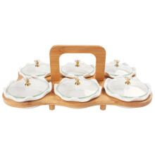 jinsongdafa Ceramic Serving Bowls with lid Portable Bamboo Wooden Tray, 6 Removable Small Bowls Relish Tray Nuts Dishes for Snack, Fruits, Sugar