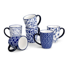 vancasso 12 oz Selene Ceramic Mugs Set of 6, 360 ml Small Vintage Blue-and-White Coffee Cups for Tea, Latte & Cappuccino, Drinkware Gift Set