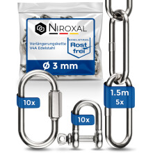 NietFullThings Stainless Steel Extension Chain Set V4A 316 Hanging Chain Kit 3 mm Chain 1.5 m Includes Chain Shackle and Screw Link for Hammock Chair