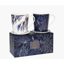 Sara Miller London Anniversary Mug & Coaster Set, Feather Tail and Peacock Parade Embellished with 22-Carat Gold Detailing
