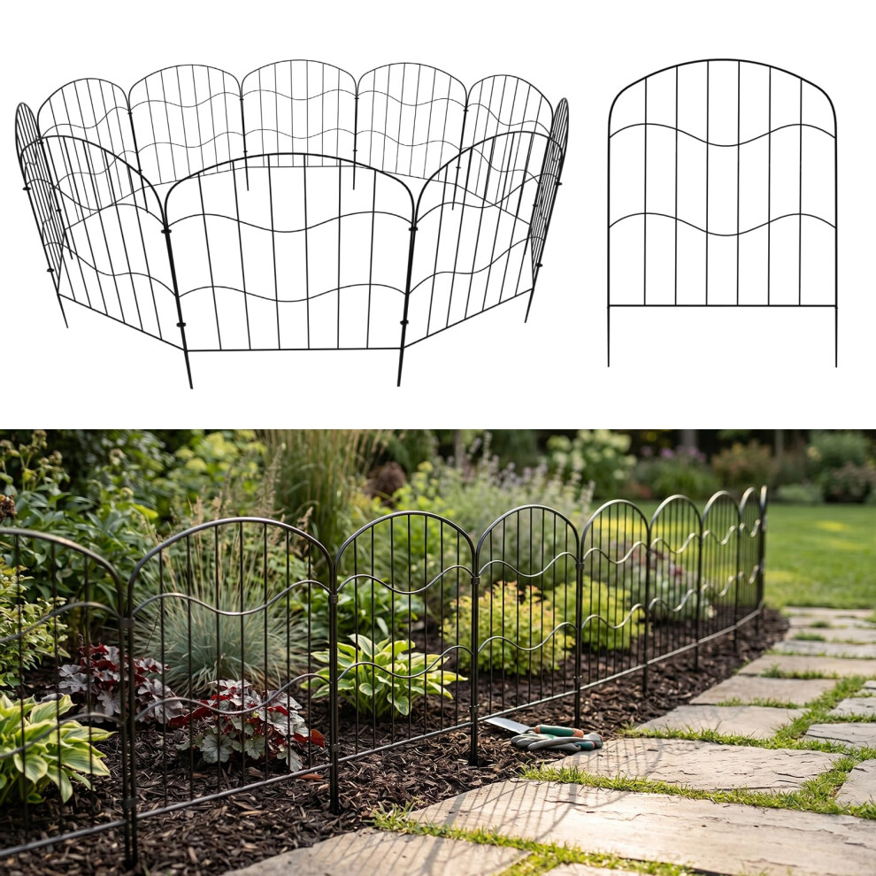 Dreamhigh Metal Garden Fence Panels, 10 Pack, Black, 33Cm X 61Cm, No-Dig Installation, Decorative Border For Yard, Pet And Animal Barrier 5051227840479