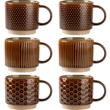GBhome 12 OZ Stackable Coffee Mugs Set of 6, Ceramic Coffee Mugs with Texture Patterns for Man,Woman,Dad,Mom