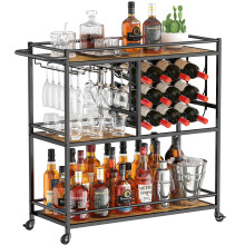 Lifewit Drink Trolley, Bar Cart with Lockable Wheels, 12 Wine Rack and 3 Rows Glass Holders