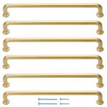 French Furniture Fittings Cupboard Handles, Set of 6 Door Pulls, Matt Brushed Brass Cabinet Handles for Kitchen Cupboards, Contemporary Curved Pulls