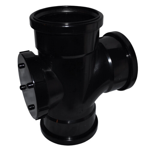 Triple Socket Pushfit Soil Pipe 90 Degree Access Tee - Black