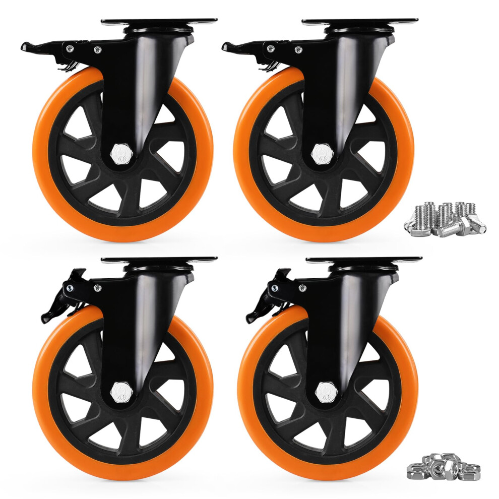 Caster Wheels, Heavy Duty 150Mm Casters Set Of 4, Locking Swivel Casters Wheels For Cart, Furniture And Workbench, Orange 5051227869135
