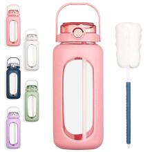 BLUEGO 2000ml Glass Water Bottles with Straw Time Marker Half Gallon Large Motivational Water Bottle with Silicone Sleeve 2 Liter Large Glass Water