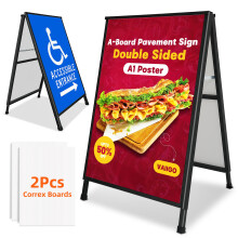 VAIIGO A1 Pavement Sign A-Board - A Frame Double Sided Pavement Board Poster Holder Display Stand With 2 Anti-Glare Covers and Corrugated Boards for