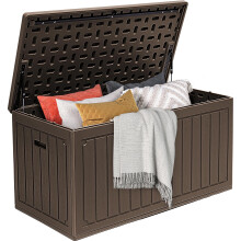DWVO 340L Resin Outdoor Storage Box, Double-Wall Waterproof Deck Box with Wood Texture, Lockable Garden Storage that Doubles as Table or Bench