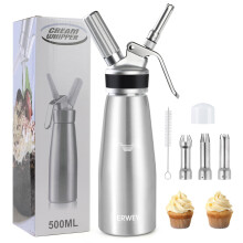 ERWEY Whipped Cream Siphon, 500 ml, Stainless Steel Kitchen Siphon, Cream Siphon with 3 Nozzles and 1 Cleaning Brush