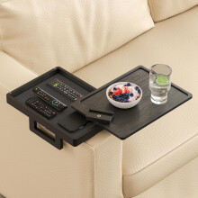 Wealone Black Couch Arm Tray for Wide Couch, Bamboo Sofa Arm Clip Table with Storage Box, Armrest Tray with 360Rotating Phone Holder