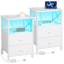 AMHANCIBLE Bedside Table Set of 2, Side Table with Charging Station and Led Lights, Bedside Cabinet with 2 Fabric Storage Drawers, Sofa Side Table
