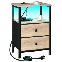 LOAKEKEL Bedside Table with LED Light, Small Side Table with Charging Station, Bedside Cabinet with 2 Fabric Drawers and Open Storage Shelf