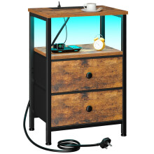 LOAKEKEL Bedside Table with Charging Station, Side Table with LED Light, Small Nightstand with 2 Fabric Drawers and Open Storage Shelf