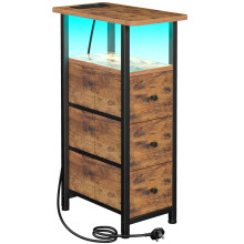 LOAKEKEL Slim Bedside Table with Charging Station, Narrow Side Table with LED Light, Sofa Table with 3 Fabric Drawers, End Table