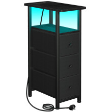 LOAKEKEL Slim Bedside Table with Charging Station, Narrow Side Table with LED Light, Small Sofa Table with 3 Fabric Drawers, End Table