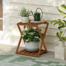 Furinno TIOMAN Patio Table, 2-Tier Outdoor Side Table, Toolless Multipurpose Folding Display Shelf, Plant Stand, for Patio, Garden, Porch, Light Wood