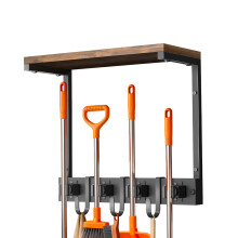 Supforce Broom Mop Holder Wall Mounted with Top Wooden Shelf, Heavy-Duty Metal Cleaning Supplies Organiser with 4 Grippers and 3 Hooks Kitchen
