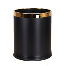 Trash Can Luxury Metal Waste Bin,Open Top Office Wastebasket,Double Layer, Round Shaped (Black Lacquer w/o Leather)