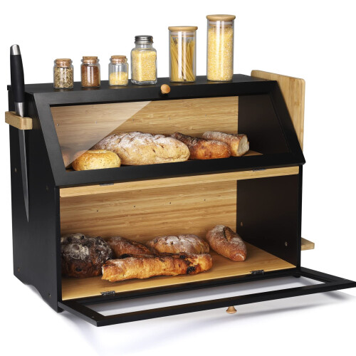 Large Bamboo Bread Bin 2 Tier Breadbox Kitchen 19.7"x9.8"x14.5" Black 1