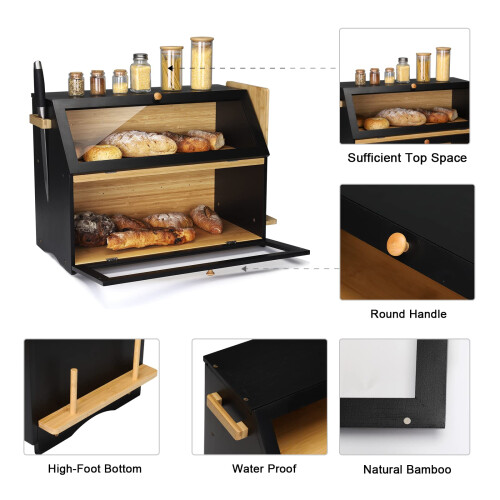 Large Bamboo Bread Bin 2 Tier Breadbox Kitchen 19.7"x9.8"x14.5" Black 2