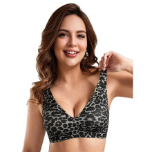 Damesbeha met Diepe V-Hals, Luipaardprint, Naadloos, Draadloos, Volledige Dekking, Comfortabele Beha Grote Grijze Luipaard XXL