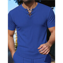 Heren Waffle Knit Henley Neck Vetersluiting Korte Mouw T-Shirt Koninklijk Blauw XXL