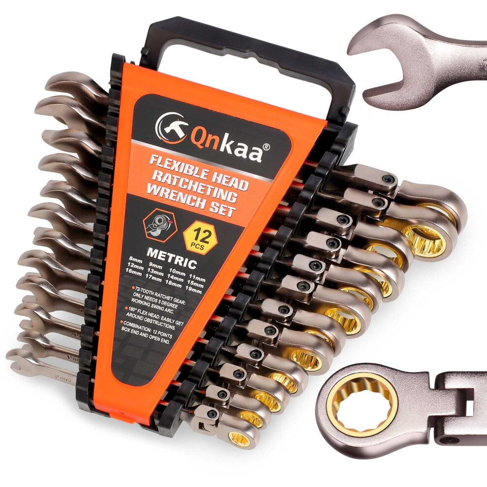 Qnkaa Flexible Ratchet Wrench Set 12Pcs 8-19Mm Spanner Gear Ring Ratcheting Combination Flexi Wrench Kit Metric Flex Head 5051227891242