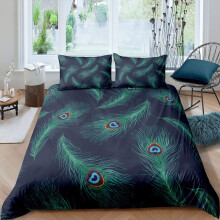 Loussiesd Girls Feather Print Duvet Cover Chic Peacock Feathers Comforter Cover For Kids Women Green Bird Feathers Bedding Set Boho Bedspread Cover