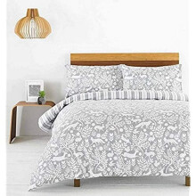 Creative Cloth Skandi Woodland King Duvet Cover Set - Grey and White - Scandinavian Woodland Animal Design - Striped Reverse - 100% Cotton
