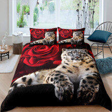 Homewish Snow Leopard Bedding Duvet Cover Sets King Size,Red Rose Flower Comforter Cover Set for Kids Teens Adult,Wild Animal Themed Decorative 3Pcs