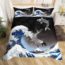 Homewish Sea Waves Duvet Cover Koi Fish Bedding Set King Size Japanese Style Comforter Cover Set for Boys Girls Youth,Mount Fuji Japan Carp Bed Sets