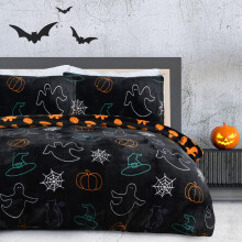 Sleepdown Halloween Spooky Ghost Black Orange Flannel Fleece Reversible Duvet Cover Quilt Bedding Set with Pillowcases Warm Soft Easy Care Bed Linen