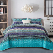 WONGS BEDDING Purple Bohemian Bedspread with 2 Pillowcases Boho Striped Reversible Quilt Coverlet for All Season Soft Microfiber Bedspread King Size