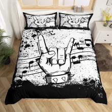 Homewish Rock Music Duvet Cover Double Musical Theme Bedding Set, Music Notes Print Comforter Cover Black and White Bed Set