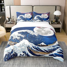 Homewish 100% Washed Cotton Japanese Style Duvet Cover,Japan Ukiyoe Bedding Set,Nautical Ocean Wave Comforter Cover for Kids Adult,Pink Cherry